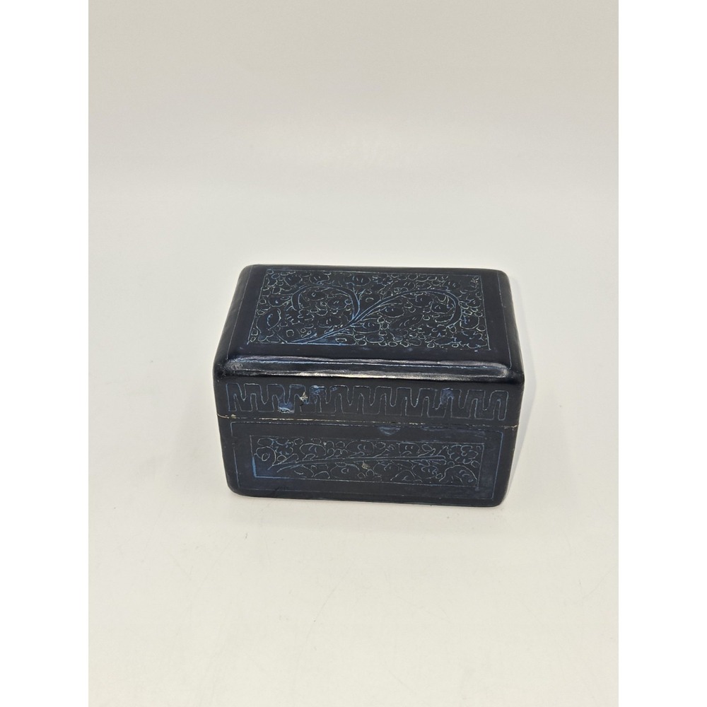 Vintage Hand Painted Wooden Trinket Box Blue Floral Folk Art Jewelry Box
